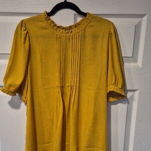 LOFT Mustard Yellow Ruffle-Neck Pintuck Blouse